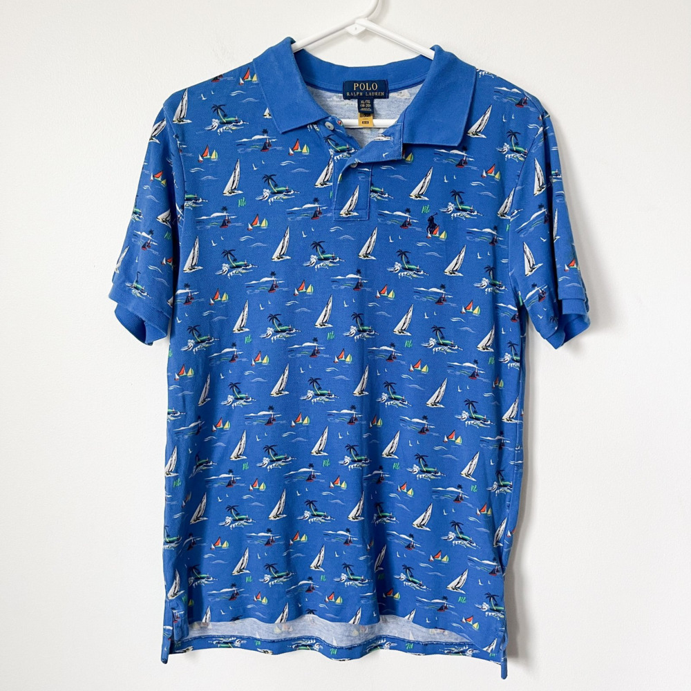 Polo Ralph Lauren Boys Sailboat Cotton Mesh Polo Shirt Blue XL (18-20) Nautical